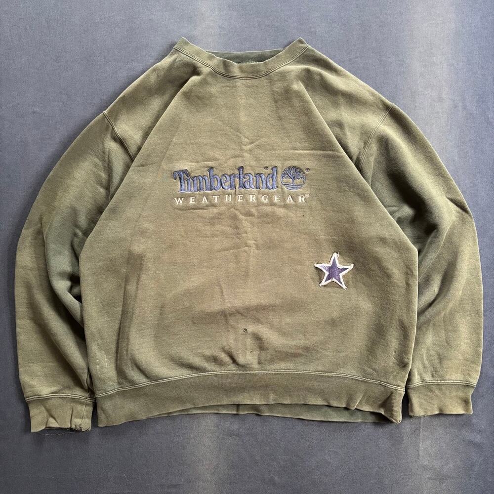 Vintage Faded Distressed Timberland Olive Crewneck Embroidered Logo Sz L